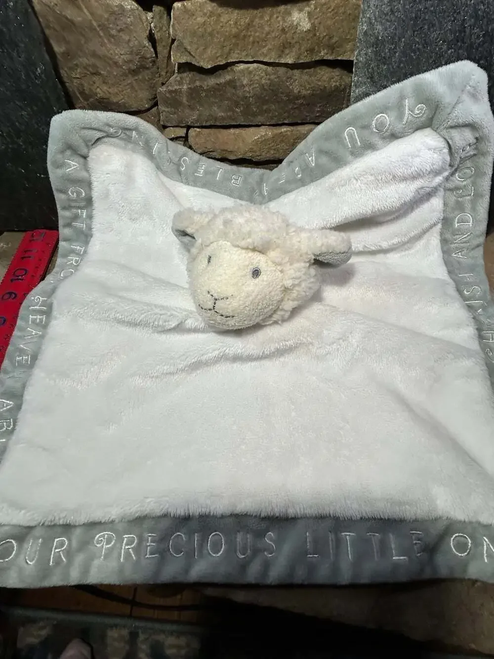 Grasslands Road white lamb sheep lovey with writing on edges